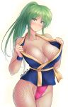  1girl bangs breasts cleavage collarbone commentary_request eyebrows_visible_through_hair fishnets fundoshi ganbare_goemon green_eyes green_hair groin head_tilt highleg japanese_clothes kirisaki_byakko long_hair looking_at_viewer ninja ponytail sidelocks simple_background smile solo underwear undressing white_background wristband yae_(ganbare_goemon) 