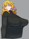  1girl alternate_costume alternate_eye_color anatomical_nonsense bad_id bad_twitter_id bags_under_eyes bangs black_eyes black_sweater blonde_hair blush bow braid breast_focus breasts closed_mouth commentary cookie_(touhou) eyebrows_visible_through_hair grey_background hair_bow kirisame_marisa large_breasts long_hair looking_down mars_(cookie) ohasi purple_bow ribbed_sweater side_braid simple_background single_braid solo sweater touhou turtleneck turtleneck_sweater upper_body wavy_mouth 