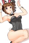  1girl ahoge animal_ears armpits arms_up bangs bare_legs black_bow black_bowtie black_footwear black_leotard bow bowtie breasts brown_hair collar commentary covered_navel detached_collar drill_hair eyebrows_visible_through_hair fake_animal_ears fake_tail idolmaster idolmaster_million_live! kamille_(vcx68) kneeling leotard looking_at_viewer medium_breasts medium_hair open_mouth playboy_bunny purple_eyes rabbit_ears rabbit_tail side_drill side_ponytail simple_background solo strapless strapless_leotard tail white_background white_collar wrist_cuffs yokoyama_nao 