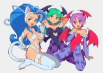  3girls :3 :d animal_ears animal_hands animal_print arm_support arms_behind_head arms_up bangs bare_shoulders bat_print bat_wings big_hair blue_hair body_fur breasts bridal_gauntlets cat_ears cat_girl cat_tail claws cleavage clothing_cutout covered_navel covered_nipples demon_girl elbow_gloves felicia_(vampire) flat_chest full_body gloves green_eyes grey_background hand_on_own_chest head_wings high_heels kneeling large_breasts leotard lilith_aensland long_hair looking_at_viewer morrigan_aensland multiple_girls open_mouth pantyhose pointing pointing_at_self print_legwear purple_hair red_eyes red_leotard short_hair slammo smile sweat tail vampire_(game) white_fur wings 