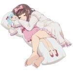 1girl artist_name barefoot blue_hair blush bow brown_hair closed_eyes dakimakura_(object) drill_hair feet frills hair_bow lying mattaku_mousuke nightgown object_hug on_side original pillow pillow_hug sleeping sleeves_past_fingers sleeves_past_wrists smile soles watermark wavy_mouth white_background 