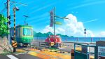  bird blue_sky car chinese_commentary chinese_text cloud commentary_request day english_text fence flying ground_vehicle highres landscape motor_vehicle mountain nature no_humans ocean original railroad_crossing railroad_tracks road scenery sign sky streetcar sunlight xingzhi_lv 