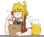  1girl :t animal_ear_fluff animal_ears asymmetrical_hair bad_id bad_twitter_id bangs black_necktie blonde_hair brown_vest bucket chopsticks closed_eyes closed_mouth collared_shirt commentary_request cookie_(touhou) eating eyebrows_visible_through_hair fox_ears fox_girl fox_tail holding holding_bucket holding_chopsticks long_hair miramikaru_riran necktie ohasi shirt short_sleeves sidelocks simple_background solo tail upper_body vest white_background white_shirt 