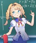  1girl bangs blonde_hair blue_eyes braid chalkboard chinese_clothes dragalia_lost equal_sign equation gotomkun math medium_hair open_mouth round_eyewear scroll solo twin_braids xiao_lei 