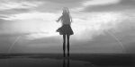  1girl absurdres black_footwear black_legwear black_skirt chihuri cloud cloudy_sky commentary day eve_(chihuri) facing_away from_behind grey_hair greyscale highres long_hair monochrome original outdoors pantyhose reflection shoes skirt sky solo very_long_hair water 