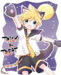  1boy animal_ears arm_up bass_clef belt black_collar black_shorts blonde_hair blue_eyes collar collared_shirt commentary cowboy_shot fang full_moon gloves halloween haruame_kinako headphones highres kagamine_len looking_at_viewer male_focus moon necktie night night_sky open_mouth sailor_collar school_uniform shirt short_sleeves shorts sky smile solo spiked_hair star_(sky) trick_or_treat vocaloid white_shirt wolf_ears wolf_paws yellow_necktie 