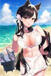  &gt;_&lt; 1girl :3 animal_ears atago_(azur_lane) atago_(summer_march)_(azur_lane) azur_lane bangs beach bikini bikini_skirt black_hair blue_sky blurry blurry_background blush breasts choker cleavage closed_mouth cloud cloudy_sky commentary cowboy_shot day eyelashes floating flower hair_between_eyes hair_flower hair_ornament hair_ribbon hand_on_hip kayoubi_(tuesday_91) large_breasts lips long_hair looking_at_viewer navel ocean official_alternate_costume outdoors ribbon sky smile solo standing stomach swept_bangs swimsuit thigh_gap turret white_bikini white_choker white_ribbon yellow_eyes 