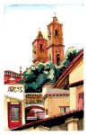  arch architecture balcony bell_tower blue_sky building church cityscape cross highres huesdad ink_(medium) lantern latin_cross mexico no_humans original painting_(medium) pillar rooftop scenery sky spanish_text taxco traditional_media tree watercolor_(medium) white_sky window 