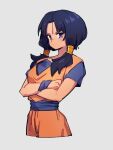  1girl black_hair blue_eyes closed_mouth commentary_request cosplay crossed_arms dragon_ball dragon_ball_z grey_background kemachiku looking_at_viewer low_twintails medium_hair simple_background solo son_goku son_goku_(cosplay) twintails videl 