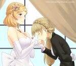  2girls alternate_costume blonde_hair blue_eyes blush braid breasts bride bride_(fire_emblem) circlet cleavage closed_eyes curtains dress fire_emblem fire_emblem_heroes fire_emblem_warriors flower gloves groom hair_flower hair_ornament hairpin igni_tion kiss kissing_hand lianna_(fire_emblem) long_hair multiple_girls princess sharena short_hair sleeves sunflower sunflower_hair_ornament tiara tuxedo wedding_dress white_gloves window yuri 