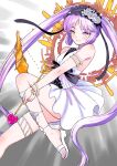  1girl armlet arrow_(projectile) bare_shoulders black_bow blush bow bow_(weapon) dress euryale_(fate) fate/grand_order fate/hollow_ataraxia fate_(series) flower gold_bracelet grey_background hairband holding holding_arrow holding_bow_(weapon) holding_weapon long_hair looking_at_viewer parted_lips purple_eyes purple_hair rose sabaku_chitai sandals smile solo twintails very_long_hair weapon white_dress white_flower white_footwear white_rose 