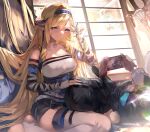  1girl 1other absurdres arknights ash_(rainbow_six_siege) ash_(ranger)_(rainbow_six_siege) bangs bare_shoulders blemishine_(arknights) blemishine_(moon_catastrborn)_(arknights) blonde_hair blue_eyes blue_hairband braid breasts cameo cellphone check_commentary chinese_commentary cleavage commentary commentary_request doctor_(arknights) exusiai_(arknights) exusiai_(wild_operation)_(arknights) grin hairband hand_up heel-less_legwear highres holding holding_phone horns indoors lap_pillow long_hair medium_breasts official_alternate_costume parted_lips phone pointy_ears saileach_(arknights) saitogiulio shirt sitting smartphone smile strapless strapless_shirt thighhighs thighs very_long_hair vivienne_(arknights) wariza whisperain_(arknights) white_legwear white_shirt window 