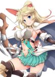  1girl animal_ears bangs bare_shoulders blonde_hair blue_hair bow_(weapon) breasts cape closed_mouth dragalia_lost eleonora_(dragalia_lost) holding holding_bow_(weapon) holding_weapon izumi_mahiru large_breasts long_hair navel rabbit_ears skirt smile solo thighhighs upper_body weapon white_background 