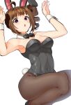  1girl ahoge animal_ears armpits arms_up bangs black_bow black_bowtie black_footwear black_legwear black_leotard bow bowtie breasts brown_hair collar commentary covered_navel detached_collar drill_hair eyebrows_visible_through_hair fake_animal_ears fake_tail idolmaster idolmaster_million_live! kamille_(vcx68) kneeling leotard looking_at_viewer medium_breasts medium_hair open_mouth pantyhose playboy_bunny purple_eyes rabbit_ears rabbit_tail side_drill side_ponytail simple_background solo strapless strapless_leotard tail white_background white_collar wrist_cuffs yokoyama_nao 