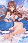  1girl absurdres bare_legs bare_shoulders barefoot barefoot_sandals breasts brown_hair cleavage detached_sleeves dress earrings feet feng_shao_kky_(arj0522) highres instrument jewelry long_hair original petals sitting smile solo toes very_long_hair violin water yellow_eyes 