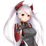  1girl ab-anarchy absurdres azur_lane bangs black_gloves breasts commentary cross eyebrows_visible_through_hair gloves hair_between_eyes hair_ornament hand_on_own_chest highres iron_cross long_hair long_sleeves looking_at_viewer mole mole_on_breast multicolored_hair prinz_eugen_(azur_lane) red_eyes sideboob sidelocks silver_hair simple_background solo streaked_hair transparent_background two-tone_hair two_side_up 