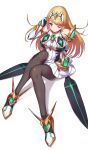  1girl bangs bare_shoulders black_legwear blonde_hair breasts chest_jewel dress earrings elbow_gloves gem gloves green322 headpiece highres jewelry large_breasts long_hair looking_at_viewer mythra_(massive_melee)_(xenoblade) mythra_(xenoblade) pantyhose solo super_smash_bros. swept_bangs tiara tights_day very_long_hair white_dress xenoblade_chronicles_(series) xenoblade_chronicles_2 yellow_eyes 
