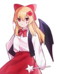  1girl bat bat_wings black_vest blonde_hair bow bowtie elis_(touhou) eyebrows_visible_through_hair facial_mark hair_bow long_hair long_skirt long_sleeves red_bow red_bowtie red_eyes red_skirt shirt sidelocks skirt soooooook2 star_(symbol) star_wand touhou touhou_(pc-98) vest wand white_shirt wings 