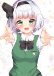  1girl arms_up bangs black_bow black_bowtie black_hairband blush bow bowtie breasts collar collared_shirt dress eyebrows_visible_through_hair eyes_visible_through_hair gradient gradient_hair green_dress green_eyes hairband hands_up highres incoming_hug konpaku_youmu looking_at_viewer medium_breasts multicolored_hair open_mouth shirotsuki_shirone shirt short_hair short_sleeves silver_hair smile solo touhou white_background white_hair white_shirt white_sleeves 