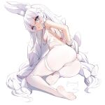  +_+ 1girl animal_ears ass azur_lane bangs blue_eyes blush braid breast_curtains breasts cameltoe eyebrows_visible_through_hair fake_animal_ears feet from_behind full_body hair_between_eyes highres le_malin_(azur_lane) le_malin_(listless_lapin)_(azur_lane) leotard long_hair looking_at_viewer lying nahaki no_shoes official_alternate_costume on_side pantyhose parted_lips rabbit_ears rabbit_tail simple_background small_breasts solo tail thigh_strap twin_braids very_long_hair white_background white_hair white_legwear white_leotard wrist_cuffs 