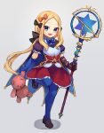  1girl :d abigail_williams_(fate) bangs blonde_hair blue_eyes blue_gloves blue_legwear blush breasts brown_dress cape cosplay dress elbow_gloves fate/grand_order fate_(series) forehead full_body gloves highres leonardo_da_vinci_(fate) leonardo_da_vinci_(rider)_(fate) leonardo_da_vinci_(rider)_(fate)_(cosplay) long_hair looking_at_viewer miya_(miyaruta) open_mouth pantyhose parted_bangs ponytail puff_and_slash_sleeves puffy_short_sleeves puffy_sleeves red_skirt short_sleeves skirt small_breasts smile staff stuffed_animal stuffed_toy teddy_bear 