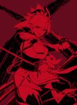  1girl breasts commentary_request detached_sleeves dual_wielding fate/grand_order fate_(series) highres holding katana large_breasts miyamoto_musashi_(fate) monochrome mugetsu2501 obi red_theme sash sword thighhighs weapon 