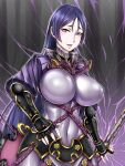  1girl arm_guards bangs black_gloves blush bodysuit breasts commentary covered_navel electricity fate/grand_order fate_(series) fingerless_gloves gloves holding holding_sword holding_weapon katana large_breasts long_hair looking_at_viewer minamoto_no_raikou_(fate) nattapuumuu open_mouth parted_bangs purple_bodysuit purple_eyes purple_hair ribbed_sleeves rope smile solo sword very_long_hair weapon 