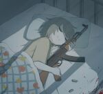  1boy absurdres avogado6 bed bed_sheet blood bullet closed_eyes commentary gun highres holding holding_weapon original pillow rifle short_hair sleeping smile weapon 