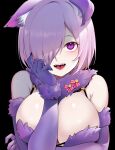  1girl animal_ear_fluff animal_ears arm_under_breasts bare_shoulders black_background blush breasts cleavage elbow_gloves fate/grand_order fate_(series) fur-trimmed_gloves fur_collar fur_trim gloves hair_over_one_eye hand_on_own_cheek hand_on_own_face highres large_breasts looking_at_viewer mash_kyrielight mash_kyrielight_(dangerous_beast) open_mouth pink_hair purple_eyes revealing_clothes short_hair simple_background solo upper_body wolf_ears xiaodi 