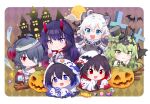  6+girls :d alcohol animal_hands bangs bat black_headwear blue_eyes blue_hair border candy chibi closed_mouth cloud crown cup demon_wings drinking_glass dual_persona fangs food full_moon ghost gloves graveyard green_eyes green_hair grey_hair hair_between_eyes halloween halloween_costume highres holding holding_cup holding_lantern honkai_(series) honkai_impact_3rd horns jacket jin2 kiana_kaslana lantern lollipop long_hair long_sleeves looking_at_viewer mobius_(honkai_impact) moon multiple_girls mummy mummy_costume one_eye_covered open_mouth paw_gloves pumpkin purple_eyes purple_hair raiden_mei raiden_mei_(herrscher_of_thunder) raven_(honkai_impact_3rd) red_eyes red_hair seele_(alter_ego) seele_vollerei short_hair smile trick_or_treat werewolf white_hair white_jacket wine wine_glass wings 