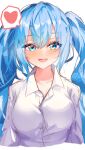  1girl absurdres blue_eyes blue_hair blush breasts commentary drunk hatsune_miku heart highres long_hair looking_at_viewer medium_breasts mikaduki_3636 shirt sketch solo spoken_heart twintails upper_body very_long_hair vocaloid white_background white_shirt 