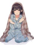  1girl animal_print artist_name barefoot bird_print black_hair blanket blush crossed_arms looking_at_viewer mattaku_mousuke on_bed open_clothes original pajamas purple_eyes short_hair sitting solo under_covers watermark white_background 