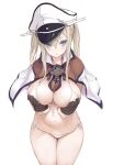  1girl absurdres bikini blonde_hair breasts capelet cleavage cowboy_shot cross graf_zeppelin_(kancolle) grey_eyes hair_between_eyes hat highres iron_cross kantai_collection large_breasts long_hair looking_at_viewer necktie peaked_cap ryo_(tg290) side-tie_bikini sidelocks simple_background solo standing swimsuit twintails white_background white_bikini white_headwear 