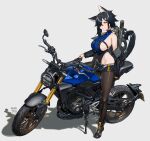 1girl animal_ear_fluff animal_ears artist_name bare_shoulders black_gloves black_hair boots breasts bullpup cat_ears cat_tail commentary full_body gloves grey_background ground_vehicle gun hair_ornament hair_over_one_eye highleg highleg_leotard highres honda jacket kare_huang large_breasts leotard looking_at_viewer motor_vehicle motorcycle original p90 pantyhose shadow shiny shiny_clothes shiny_hair shiny_skin short_hair shorts signature simple_background smile solo submachine_gun tail weapon weapon_on_back yellow_eyes 