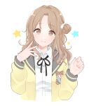  1girl :3 bangs blush brown_hair cardigan cropped_torso eyebrows_visible_through_hair hair_bun hand_to_own_mouth hands_up head_tilt highres ichikawa_hinana idolmaster idolmaster_shiny_colors light_smile long_sleeves looking_at_viewer mhn neck_ribbon parted_bangs ribbon school_uniform simple_background solo star_(symbol) upper_body wavy_hair white_background yellow_cardigan 