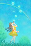  1girl bangs blue_eyes blue_sky bow brown_hair bubble bubble_blowing commentary_request dress feet_out_of_frame grass highres long_hair nobile1031 orange_bow original outdoors profile rainbow sky sleeveless sleeveless_dress solo standing tree wide_shot yellow_dress 