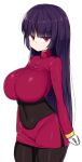  1girl absurdres alternate_breast_size bangs blunt_bangs bodysuit breasts brown_bodysuit closed_mouth covered_navel cropped_jacket eyebrows_visible_through_hair gloves highres jacket large_breasts long_hair looking_at_viewer pokemon pokemon_(game) pokemon_frlg purple_hair red_eyes sabrina_(pokemon) sawati shiny shiny_hair side_slit skirt solo white_gloves 