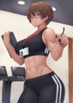  1girl abs bangs bare_shoulders black_pants black_sports_bra blurry blurry_background breasts brown_hair clipboard closed_mouth commentary_request cowboy_shot eyebrows_visible_through_hair glasses groin hair_between_eyes highres holding holding_clipboard holding_pen indoors lanyard large_breasts left-handed looking_at_viewer midriff muscular muscular_female navel original pants pen ranma_(kamenrideroz) red-framed_eyewear red_eyes semi-rimless_eyewear short_hair sidelocks smile solo sports_bra standing tomboy track_pants treadmill 