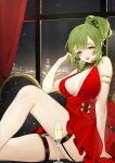  1girl absurdres bare_legs breasts city_lights commentary_request couch cup dress drinking_glass eyebrows_visible_through_hair feet_out_of_frame garter_straps girls&#039;_frontline green_hair hair_ornament hand_in_hair highres legs lips long_hair looking_at_viewer medium_breasts mk48_(girls&#039;_frontline) nail_polish open_mouth red_dress red_eyes red_nails sitting solo uyuyuun window wine_glass 