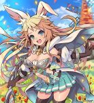  1girl animal_ears bangs bare_shoulders blonde_hair bow_(weapon) breasts cloud cloudy_sky dragalia_lost eleonora_(dragalia_lost) flower fujimaru_(green_sparrow) holding holding_bow_(weapon) holding_weapon large_breasts long_hair outdoors petals rabbit_ears sky smile solo thighhighs weapon windmill 