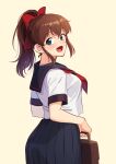  1girl bangs black_sailor_collar black_skirt blouse blue_eyes bow brown_hair eyebrows_visible_through_hair from_side hair_bow holding idolmaster idolmaster_million_live! kamille_(vcx68) looking_at_viewer looking_back medium_hair neckerchief open_mouth pleated_skirt ponytail red_bow red_neckwear sailor_collar satake_minako school_briefcase school_uniform serafuku simple_background skirt smile solo standing white_blouse yellow_background 