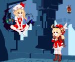  2girls abyss_mage_(genshin_impact) ahoge ascot backpack bag bangs blonde_hair bloomers brown_footwear brown_gloves brown_scarf cabbie_hat clover_print coat color_connection commentary_request crossover eyebrows_visible_through_hair finger_to_mouth flandre_scarlet floating flying flying_sweatdrops full_body genshin_impact gloves hair_between_eyes hat hat_feather hat_ornament index_finger_raised indian_style klee_(genshin_impact) kneehighs lazy_lucy long_hair long_sleeves looking_at_another looking_down looking_up low_twintails multiple_girls parted_lips pixel_art pocket pointy_ears puffy_short_sleeves puffy_sleeves randoseru red_coat red_eyes red_headwear scarf short_sleeves side_ponytail sidelocks sitting smile standing touhou trait_connection twintails underwear v_arms white_legwear wings 
