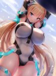  1girl angela_balzac arms_up bangs blonde_hair blue_eyes blue_sky blunt_bangs blurry blush breasts closed_mouth cloud commentary_request covered_navel covered_nipples cowboy_shot day depth_of_field deva_battle_suit doyouwantto dutch_angle elbow_gloves eyebrows_visible_through_hair from_below gloves hair_ornament headgear highleg highleg_leotard impossible_clothes impossible_leotard large_breasts leotard light_particles long_hair looking_at_viewer low_twintails rakuen_tsuihou revision shiny shiny_hair shiny_skin signature skin_tight sky solo standing sweatdrop thigh_strap twintails very_long_hair white_leotard 
