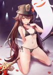  1girl bare_shoulders bikini black_bikini black_headwear blush breasts brown_hair closed_eyes finger_to_mouth genshin_impact ghost groin half-closed_eyes hat highres hiroki_ree hu_tao_(genshin_impact) jewelry kneeling long_hair navel petals polearm red_eyes ring side-tie_bikini signature small_breasts solo staff_of_homa_(genshin_impact) star-shaped_pupils star_(symbol) sweat swimsuit symbol-shaped_pupils top_hat twintails very_long_hair weapon 