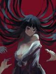  1girl bangs bare_shoulders black_hair blood blood_from_eyes blunt_bangs breasts brown_eyes cleavage collared_shirt highres hime_cut houraisan_kaguya japanese_clothes long_hair long_sleeves naufaldreamer off-shoulder_shirt off_shoulder pink_shirt red_background sash shirt simple_background solo touhou very_long_hair wide_sleeves 