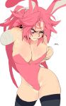  1girl absurdres alternate_costume amputee animal_ears artist_name baiken bare_shoulders big_hair biting breasts brekkist cleavage commentary dated facial_tattoo fake_animal_ears guilty_gear guilty_gear_xrd highres large_breasts leotard lip_biting one-eyed pink_hair pink_leotard rabbit_ears scar scar_across_eye scar_on_face simple_background sketch skindentation solo strapless strapless_leotard sweatdrop tattoo thighhighs white_background 