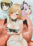  3girls bandages bandeau black_horns blonde_hair blue_eyes blush breasts cleavage closed_mouth commentary demon_girl demon_horns english_commentary front-tie_top halloween highres himemori_luna hololive horns multiple_girls oozora_subaru pointy_ears sitting smile solo_focus virtual_youtuber yamada_(iroha97151188) yuzuki_choco 