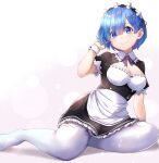  1girl absurdres alternate_costume apron bangs blue_eyes blue_hair blunt_bangs blush bow bowtie breasts cleavage commentary dress frilled_dress frills gradient gradient_background grey_background hair_ornament hair_over_one_eye hair_ribbon highres large_breasts looking_at_viewer m.tokotsu maid maid_headdress neck_ribbon purple_bow purple_bowtie purple_ribbon re:zero_kara_hajimeru_isekai_seikatsu red_ribbon rem_(re:zero) ribbon roswaal_mansion_maid_uniform short_hair sitting smile solo thighhighs thighs waist_apron white_legwear wrist_cuffs x_hair_ornament 