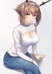  1girl alternate_costume blue_pants breasts brown_hair cleavage cleavage_cutout clothing_cutout commentary_request denim flipped_hair green_eyes hairband headgear highres jeans kantai_collection large_breasts long_sleeves meme_attire monoku mutsu_(kancolle) open-chest_sweater pants radio_antenna ribbed_sweater short_hair solo sweater turtleneck white_sweater 