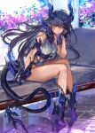  1girl bangs bare_legs bare_shoulders black_hair blue_fire breasts claws commentary_request earrings eyebrows_visible_through_hair fire flower high_heels highres horns jewelry large_breasts long_hair looking_at_viewer original parted_lips plant pointy_ears purple_eyes purple_fire purple_scales ran&#039;ou_(tamago_no_kimi) scales shiny shiny_hair side_slit sitting solo tail thighs 